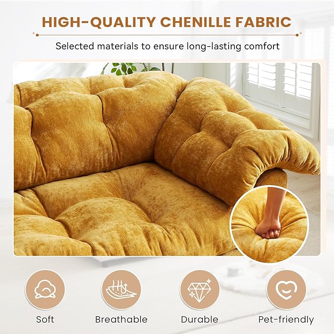 3-Seater Couch 94.8 inch Oversized Modern Comfy Tufted Chenille Fabric Cloud Fluffy Foam Deep Seat Soft Loveseat Sofa Couch for Living Room Bedroom Office Yellow