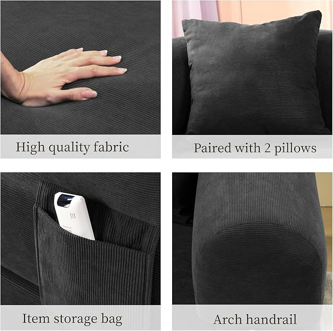 KBQ 3-Seat Convertible Sleeper Sofa Bed with 2 Pillows Corduroy Folding Mattress Couch Floor Sofa Lounge Couch for Living Room Bedroom Lounge Studio Deep Gray