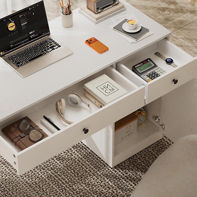 TUSY 47 White Office Desk with Drawers - Modern Office Desk with Storage Executive Desk for Office Modern Computer Desk for Small Spaces Wood Writer Desk for Study Bedroom Home Office