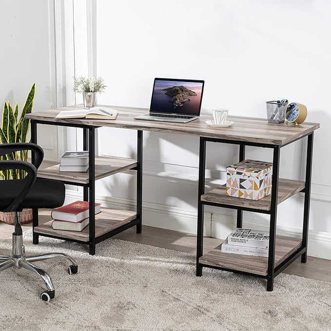Generic 59 Inches Computer Desk Trestle Desk with Both Side 2 Tier Shelves Modern Simple Style Study Work Game Desk Workstation Home Office Table Rustic Wood Desk Retro Gray