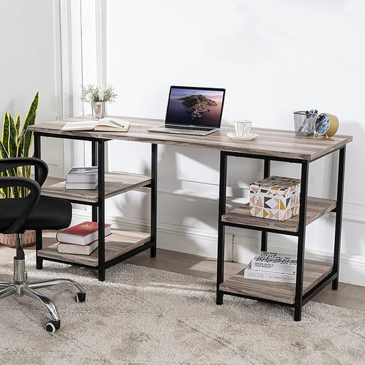 Generic 59 Inches Computer Desk Trestle Desk with Both Side 2 Tier Shelves Modern Simple Style Study Work Game Desk Workstation Home Office Table Rustic Wood Desk Retro Gray