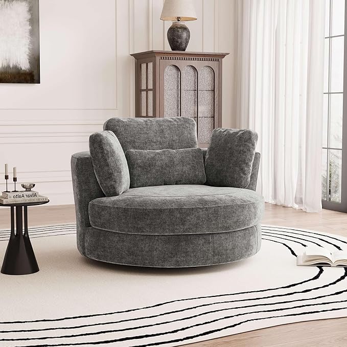 Aoiy &amp Wifon 50'' W Oversized Swivel Barrel Chair Gray Swivel Accent Chair for Living Room Round Oversized Arm Chair with 4 Pillows Deep Seat &amp Extra Wide Chenille