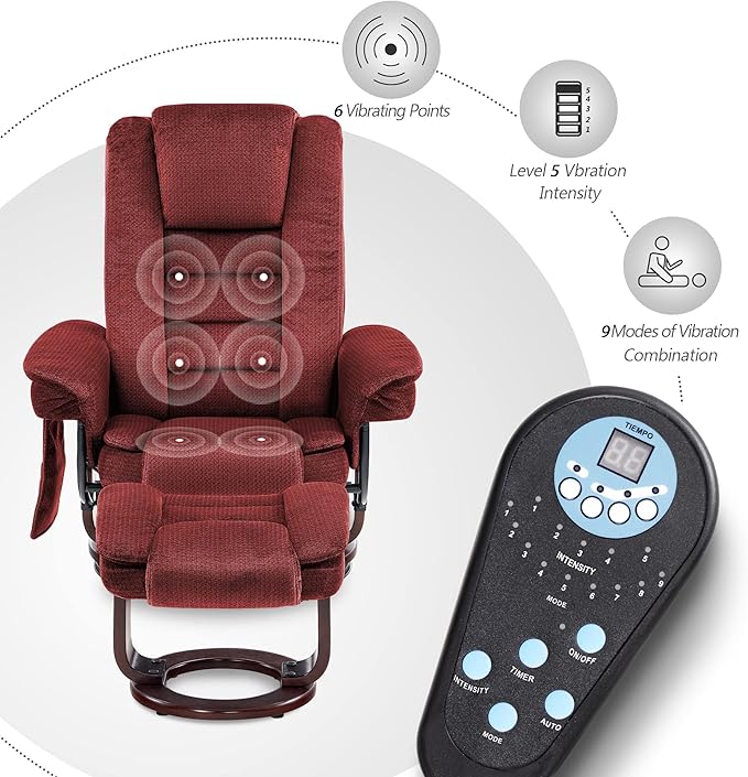 MCombo Swivel Recliner with Ottoman Chair TV Chair Sets with Vibration Massage for Small Space Living Room Bedroom 9096 9099 (Textile Burgundy)