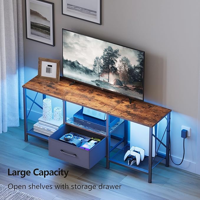 LED TV Stand with Fabric Drawer Entertainment Center for 50 55 Inch TV Industrial TV Console Table with Open Storage Shelves for Living Room Bedroom Rustic Brown