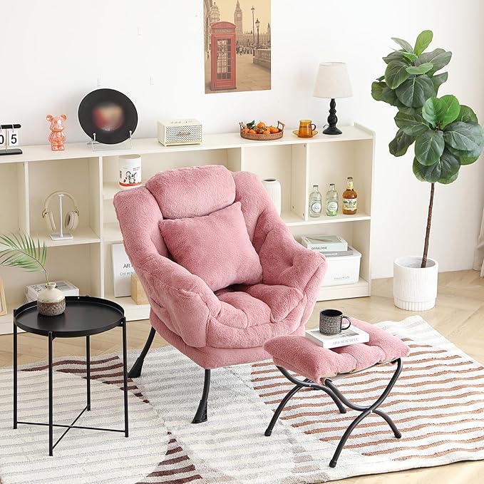 Lazy Chair with Ottoman Comfy Reading Lounge Chair with Footstool &amp Throw Pillow Modern with Armrests &amp Side Pocket for Living Room Bedroom Dorm Room Plush Dark Pink