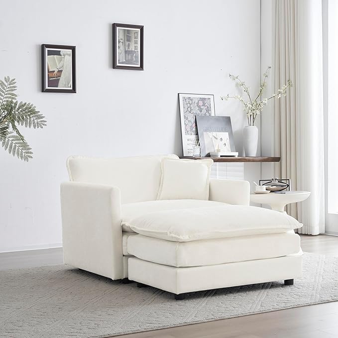 Modern Accent Chair Wide Accent Armchair with Ottoman Upholstered Single Club Chair for Living Room Bedroom (Chenille Fabric in Cream White 1 Seat and 1 Ottoman)