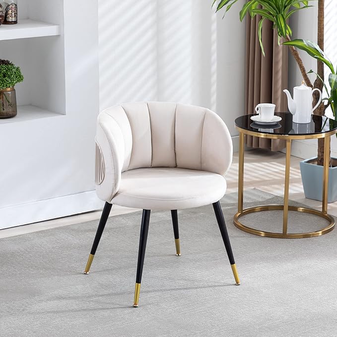 Off-White Velvet Lounge Chair Black Metal feet Unique Back Design Suitable for Office Living Room Bedroom