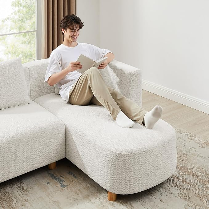 VANOMi 113 Sectional Sofa with 4 Pillows U-Shaped 4-Seater Comfy Boucle Cloud Couch Modern Double Chaises Lounge Sofas for Living Room Office Apartment (White-U)