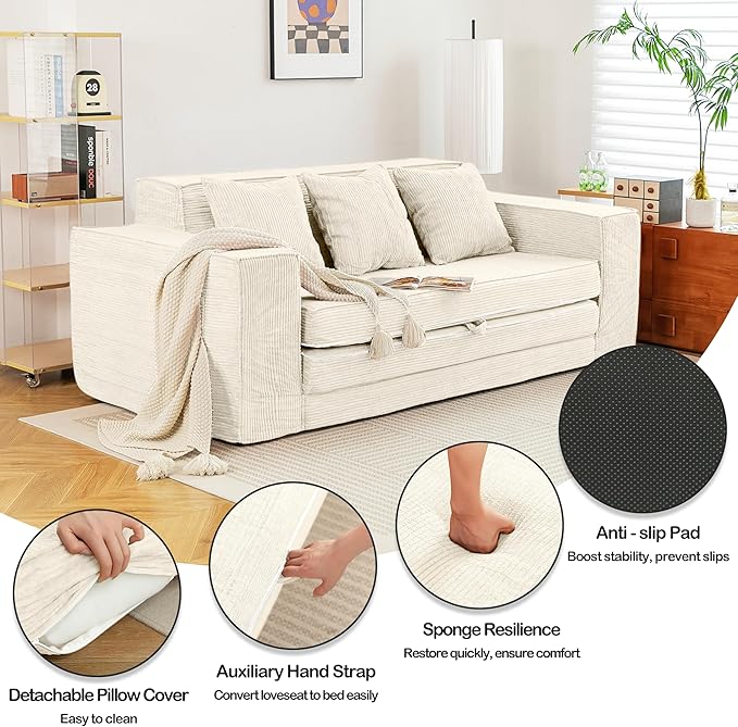 HOMREST 76 Convertible 3-Seat Sleeper Sofa Pull Out Sofa Bed 2 in 1 Folding Floor Sofa Oversized Corduroy Upholstered Boneless Couch with 3 Pillows for Living Room Bedroom (Beige)