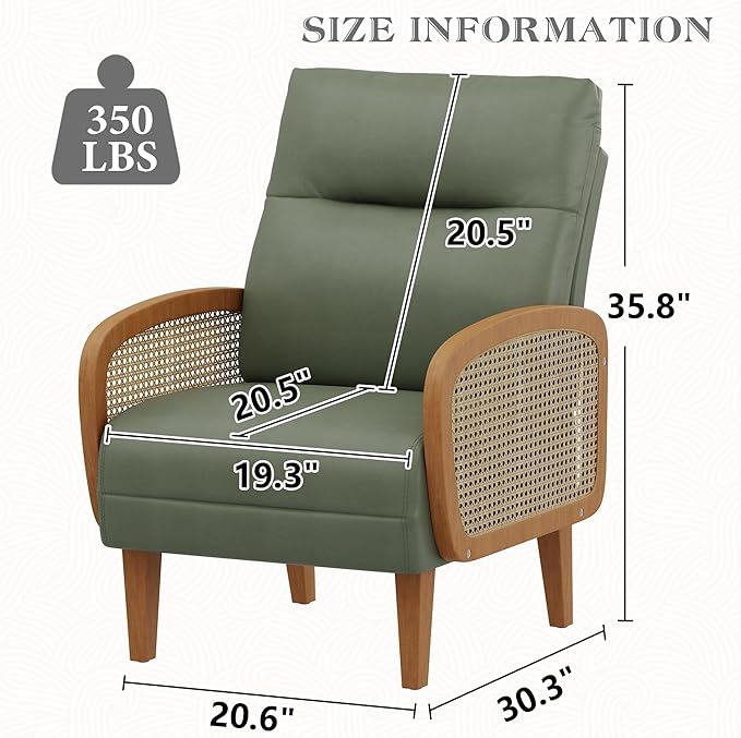 Andeworld Accent Chair Set of 2Upholstered Modern Living Room Chairs with Natural Rattan Arm Faux Leather Arm Chair with Wooden Legs for Bedroom Club Balcony Reception Green