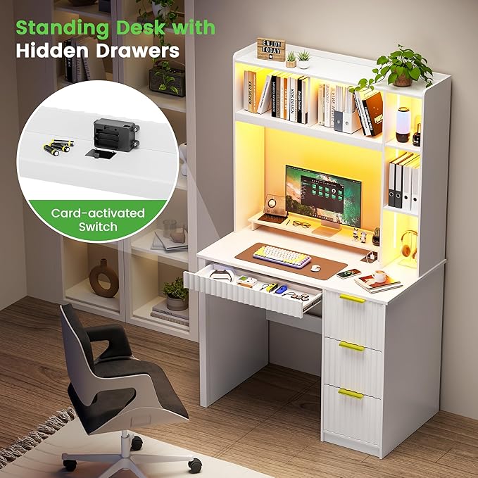 HNEBC Home Office Desk with Hutch and Drawers - 39 Standing Computer Desk with Charging Station&amp3 Color LightsHidden Compartment &amp Fluted Panel Design LED Writing Desk for Bedroom Study (W