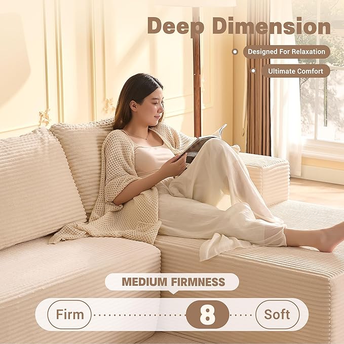 107 Boneless Couch with Deep Seat Set of Modular Sectional Sofa Cloud Sectional Couch for Living Room No Assembly Required Corduroy L-Shape Right White