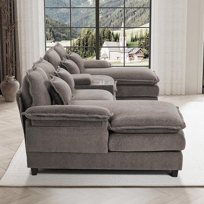 133 Oversized U Shaped Cloud Couch Modular Sectional Couches for Living Room Comfy Chenille Deep Seat Sofa Set with Double Chaise Lounge Storage Central Console Cup Holders USB Port Stone Grey