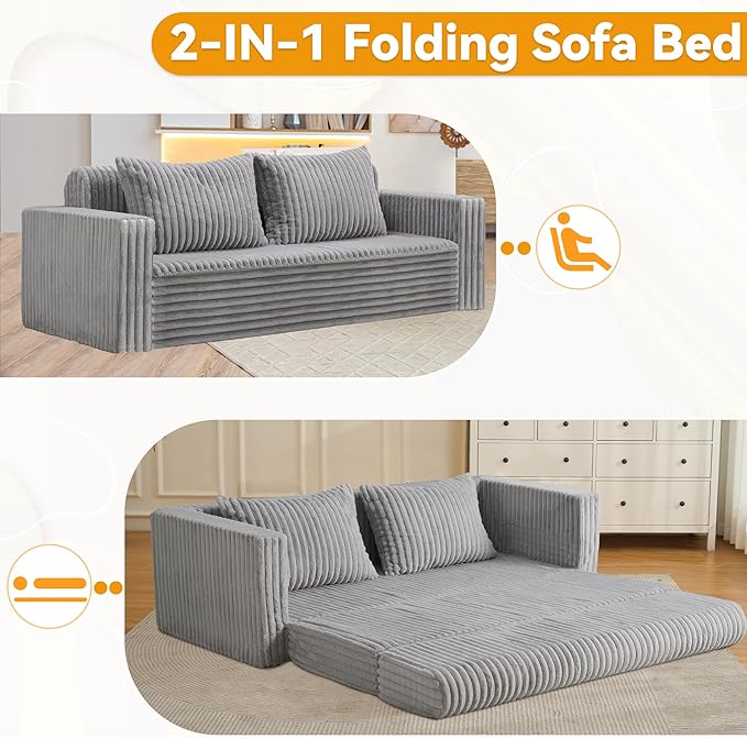 HABUTWAY Folding Sofa Bed 2 in 1 Convertible Sleeper Chair with 2 Pillows Portable Fold Out Chair Bed with Armrest Comfy Floor Couch Lazy Sofa for Living Room Bedroom Dorm Home Office Light Grey