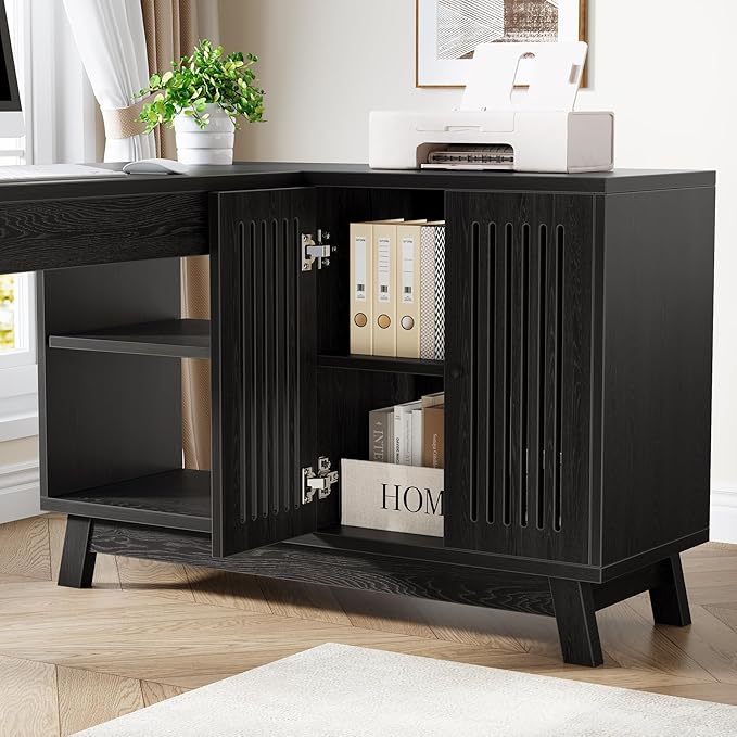 Tribesigns L-Shaped Desk with Storage Cabinet 57-Inch Wood Corner Workstation Home Office Computer Desk Study Writing Table (Black)