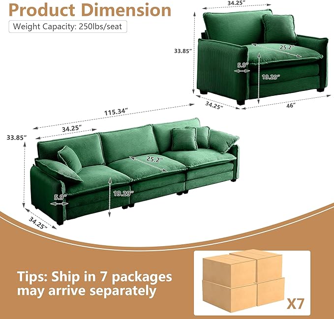 Aoowow 3 Pieces Modular Sectional Sofa Set with 3-Seater Couch and 2 Sofa ChairModern Corduroy Comfy Cloud Deep Seat Couches Set with Throw Pillows and Arm Pillows for Living Room Apartment(Green)