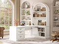 SEDETA 67 L Shaped Desk with Tall Arched Bookshelf Mid-Century Office Computer Desk with 3 Drawers and Storage Shelves Corner Executive Desk with Sliding Barn Door for Home Office White