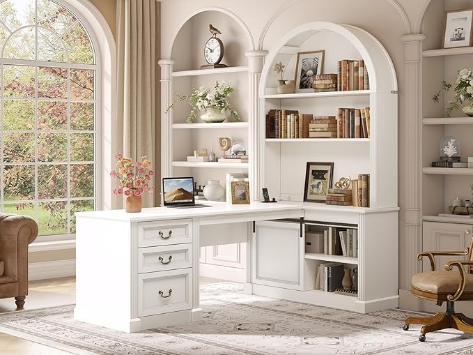 SEDETA 67 L Shaped Desk with Tall Arched Bookshelf Mid-Century Office Computer Desk with 3 Drawers and Storage Shelves Corner Executive Desk with Sliding Barn Door for Home Office White
