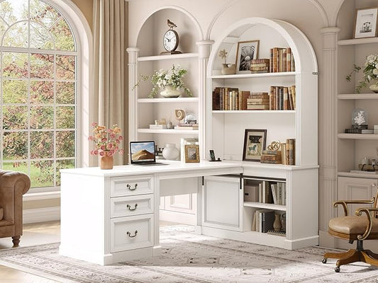SEDETA 67 L Shaped Desk with Tall Arched Bookshelf Mid-Century Office Computer Desk with 3 Drawers and Storage Shelves Corner Executive Desk with Sliding Barn Door for Home Office White