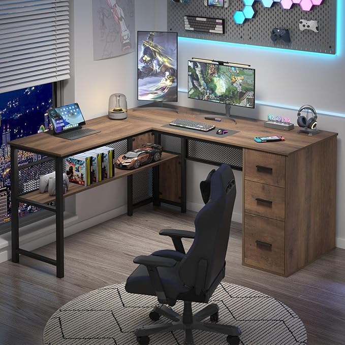 LVB Wood L Shaped Desk Large Computer Office Desk with File Cabinets Reversible Executive L Shape Gaming Desk with Drawers Metal Wooden Corner Desk Table with with Storage Shelf Rustic Oak 59 Inch