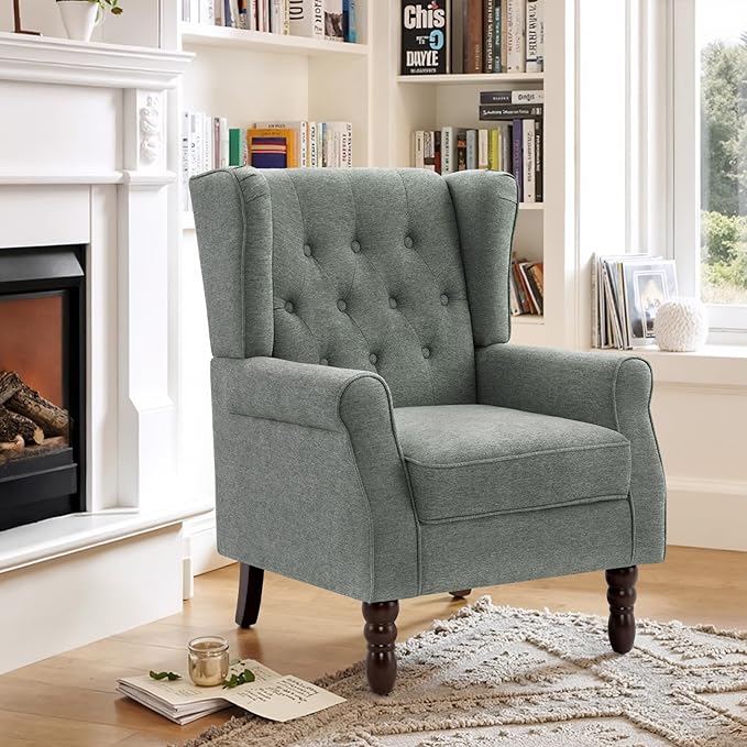 Lumibee High Back Accent ChairUpholstered Wingback Armchair with Solid Wood Legs for Small SpacesComfy Single Sofa Chair for Living RoomBedroomOffice-Gray