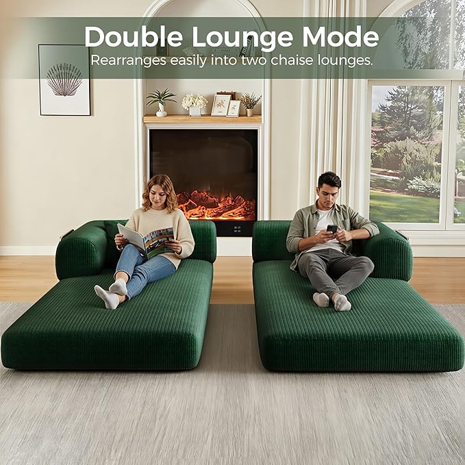78.5'' Convertible Folding Sofa Bed – 4-in-1 Modular Floor Couch Corduroy Small Cloud Couch Compressed Foldable Sleeper Sofa King Size Futon for Bedroom Guest Room (Green (Dark))