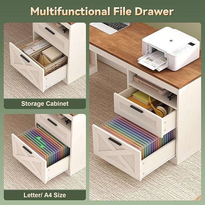 Farmhouse L Shaped Standing Desk 66 inch Corner Electric Standing Desk with Drawers ＆ Storage Shelves Height Adjustable Computer Desk with Power Outlets for Home Office Antique White