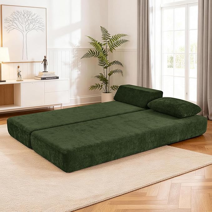 Convertible Chaise Lounge Chair Indoor Boneless Cloud Couch with 2 Pillows Sleeper Sofa for Living Room Bedroom Reading Nook- No Need Assembly (Green)