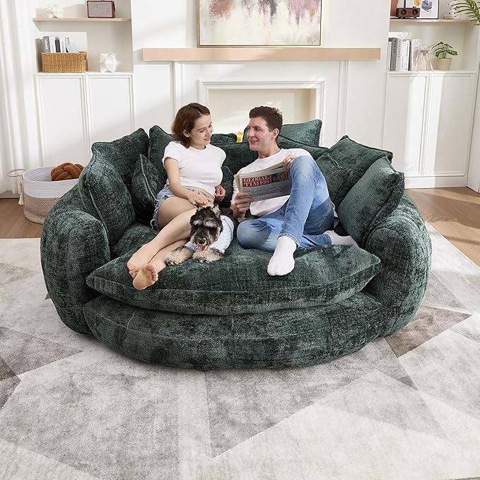 Oversized Sleeper Sofa Bed 81'' Round Chaise Lounge Chair Indoor Modern Chenille Boneless Couch Loveseat Plush Couch Cloud Couches Comfy Bean Bag Chair for Living Room Apartment (Emerald)