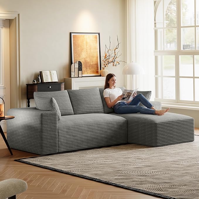 107 Sectional Couches for Living Room Comfy L Shaped Boneless Couches Modern Deep Seat Modular Sofa Cloud Corduroy Couch with Right Facing Chaise No Assembly Needed Light Grey