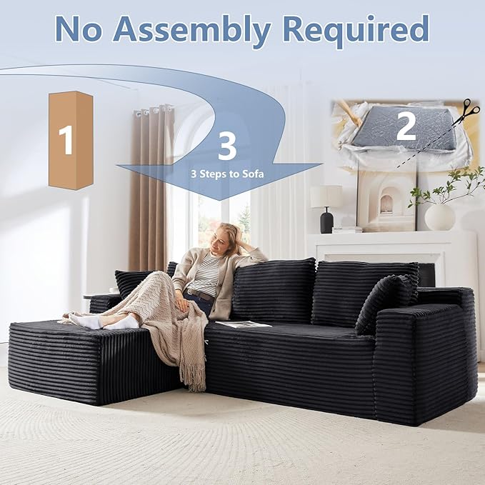 103 L-Shape Cloud Couch with Chaise Upholstered Corduroy Modular Sectional Sofa Deep Seat Couch with Free Combination for Living Room &amp ApartmentNo Assembly Required(BlackLeft Facing Chaise)