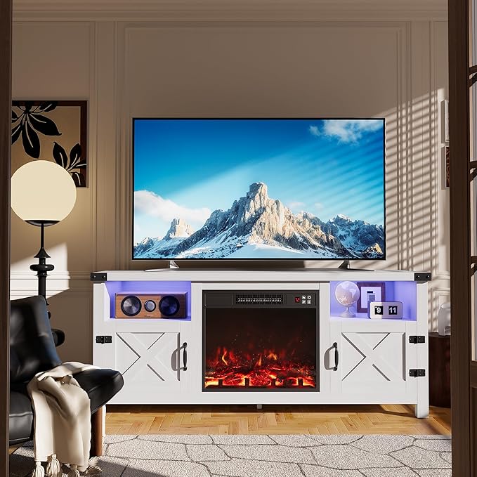 Furmax LED Entertainment Center with Fireplace Fireplace TV Stand with Storage Cabinets and 2 Open Shelves Modern Media TV Console for Living Room (White)