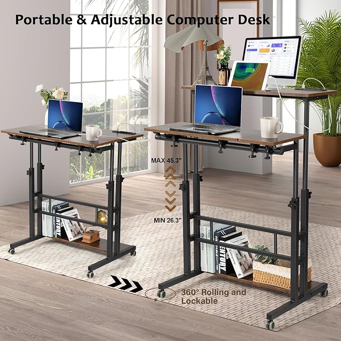Hadulcet Mobile Standing Desk Adjustable Height Rolling Desk Stand Up Desk Mobile Laptop Desk Rolling Computer Desk with Charging Station Portable Desk with Wheels Rustic Brown