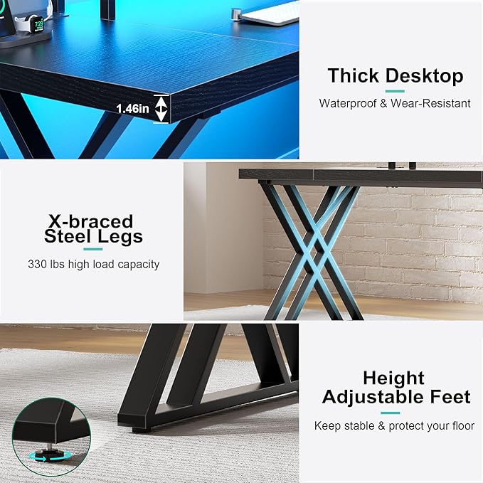 70.8 Inch Large Computer Desk with Power Outlet &amp LED LightsModern Home Office Desk with Ergonomic Monitor StandExtra Long Executive Office Writing Desk for Gaming Work Study Black