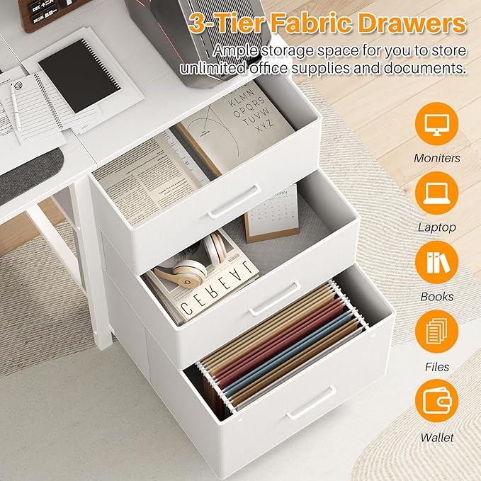 Aheaplus Gaming Desk with LED Lights and Power Outlets 59 inch Computer Desk with Fabric File Drawers Home Office Desk with Monitor Stand and Storage Shelves White