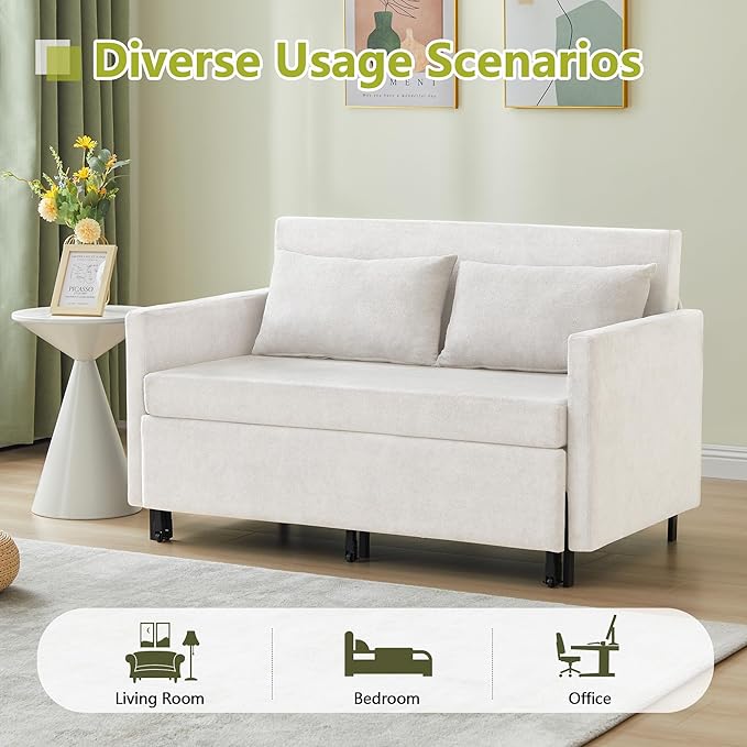 QHITTY Pull Out Couch Bed 2-in-1 Sleeper Sofa Small Loveseat Bed with Hidden Side Table and Iron Frame for Living Room Small Space Apartment (White)