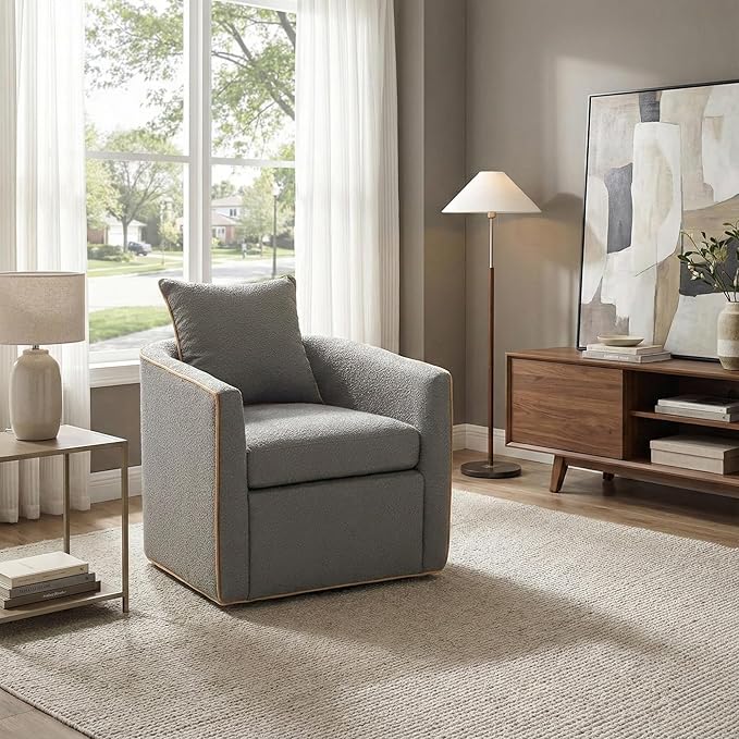 Christopher Knight Home Arlo 360° Swivel Accent Chair for Living Room Bouclé Upholstered Rotating Lounge Chair Indoor Barrel Swivel Chair with Iron Frame Curved Armrest and Padded Seat Light Grey