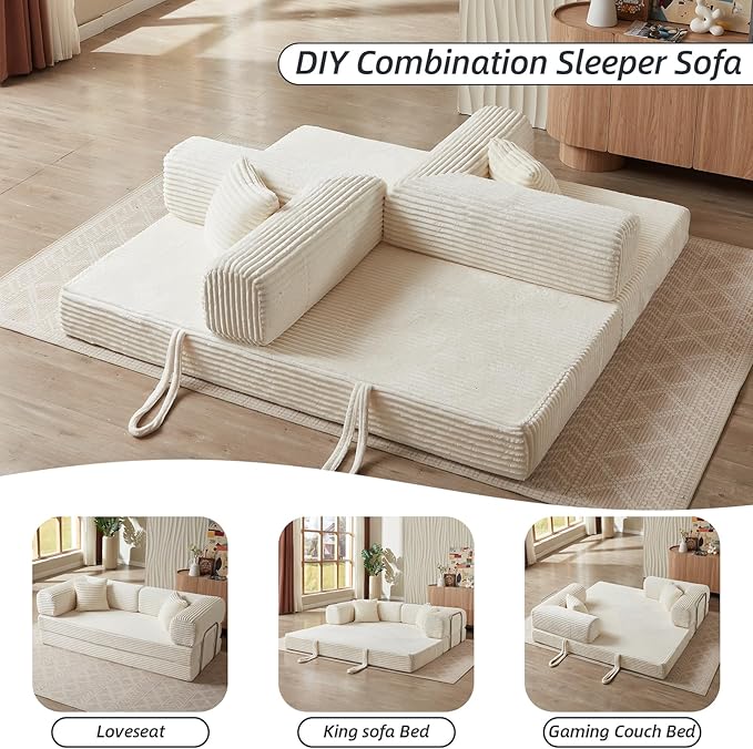 4-in-1 Convertible Folding Sleeper Sofa Bed Plush Corduroy Foldable Mattress Couch with Fixed-Shape Frame Floor Compressed Sofa for Living Room Bedroom (White)