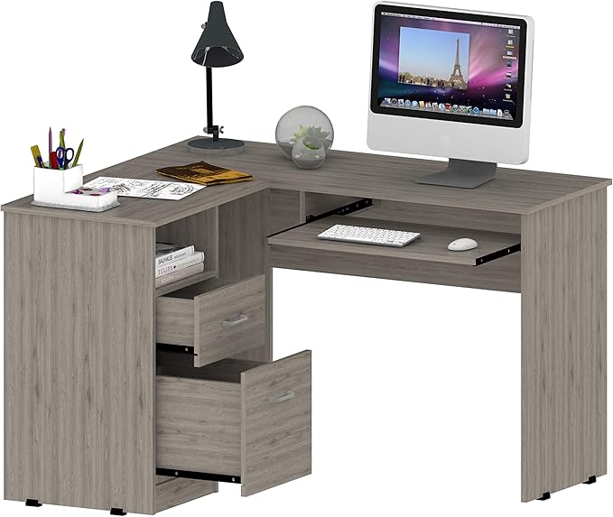Home Office Desk L-Shaped Desk Two Drawers One Shelf CPU Storage for Study Office Small Apartment