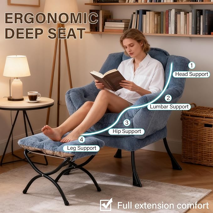 Welnow Lazy Chair with Ottoman Modern Accent Chair with Armrests and a Side Pocket Leisure Sofa Armchair Set Reading Armchair with Footrest for Small Space Plush Light Blue