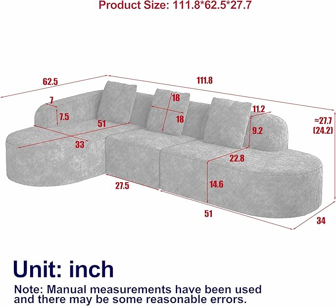 111.8' Curved Sectional Cloud Sofa Modern L Shaped Couch with Chaise &amp Pillows Comfy Upholstered Deep Seat Compression Boneless Sofa for Living Room Office No Assembly Required Left Facing Wh