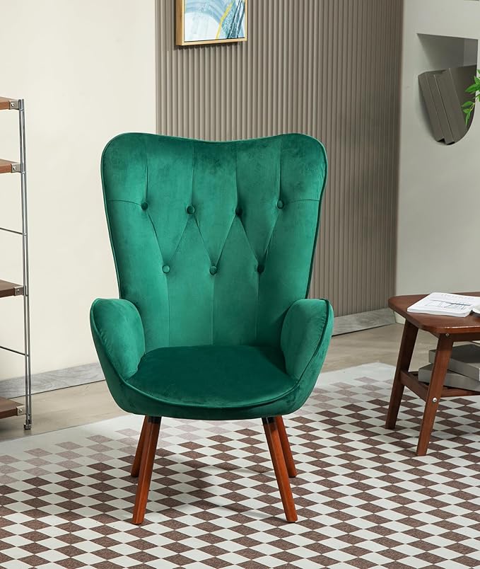Chic Accent Arm Chairs for Living Room Bedroom or Home Office Button-Tufted Midcentury Armchair with Wingback Design and Splayed Legs Green