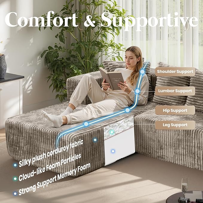 132'' U Shaped Sectional Couches for Living Room Modular Boneless Cloud Sofa with 2 Chaise Lounges 4-in-1 Flexible Combination Layered Foam Cushion Deep Seat Corner Couch No Assembly Light Coffee