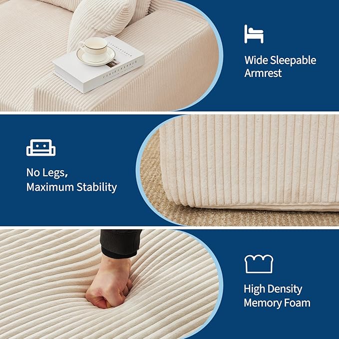 110 Modular Sectional Sofa Couches for Living Room Cloud Memory Boneless Couch No Assembly RequiredComfy Cloud 3-Seater Couch with Chaise Memory Foam Sofa for Offices Bedroom and Apartment