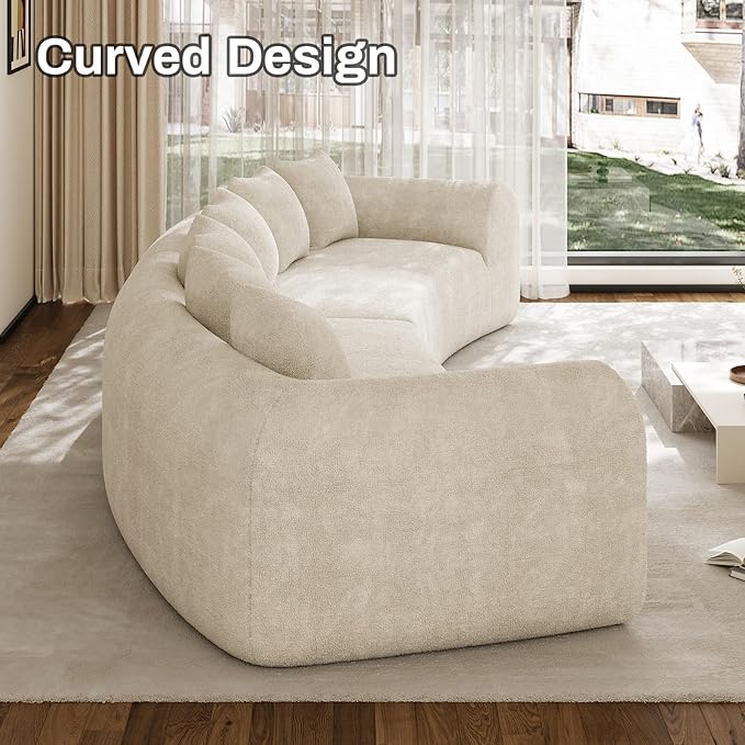 157 Oversized Curved Sofa Sectional Couch Chenille Cloud Couches Wide Armrest Deep Seat 6-Seater High Density Foam Sofas with 6 Pillows for Living Room No Assembly Needed Beige White