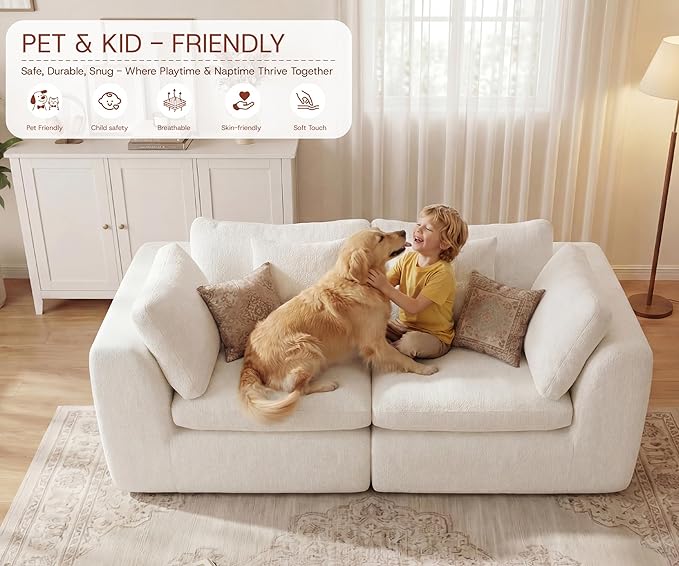 79'' Oversized Cloud Sectional Boneles Loveseat for Living Room Modern Big Compressed 2 Seater Couch with 2 Throw Pillows Comfy Chenille Deep Seat Memory Foam Spineless 2 Person Couch Beige | No As