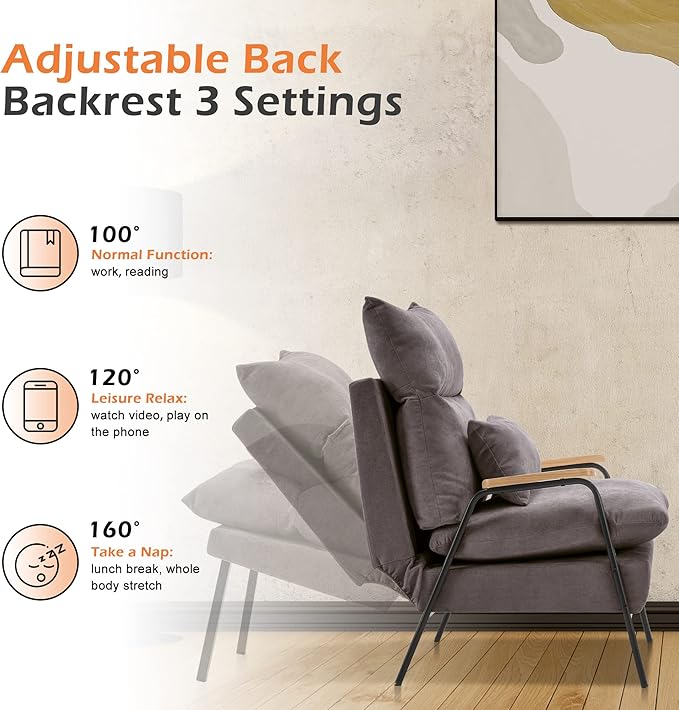 MCombo Accent Recliner Chair with Ottoman Modern Fabric Armchair Upholstered Sofa Bed for Living Room Bedroom Small Space 4055 (Black Frame Grey)