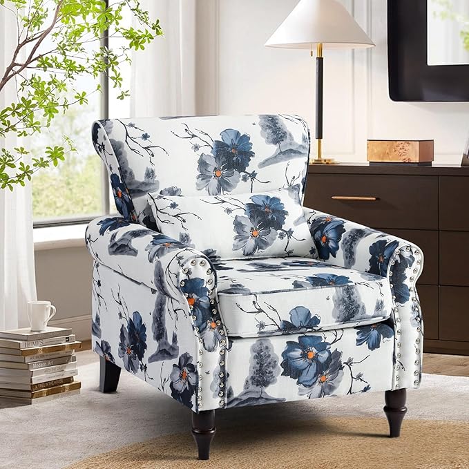 Floral Accent Chair with Lumbar Pillow Retro Wingback Armchair with Nailhead Trim &amp Rolled Arms Modern Linen Fabric Upholstered Recliner for Living Room Bedroom Reading Chair Easy Assembly