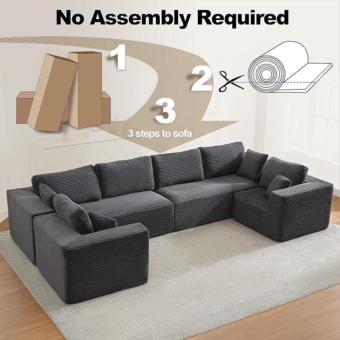Modular Sectional Cloud Couch for Living RoomModern Boneless Couche Set with Plush CorduroyComfy Floor Sofa with Memory FoamStupendous U Shaped SofaNo Assembly RequiredGrey