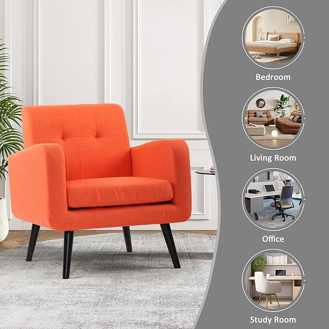 LSSPAID Accent Chairs Set of 2 Modern Orange Linen Fabric Living Room Chairs Comfy Upholstered Armchairs Single Sofa Chair with Solid Wood Legs for Apartment Reading Office